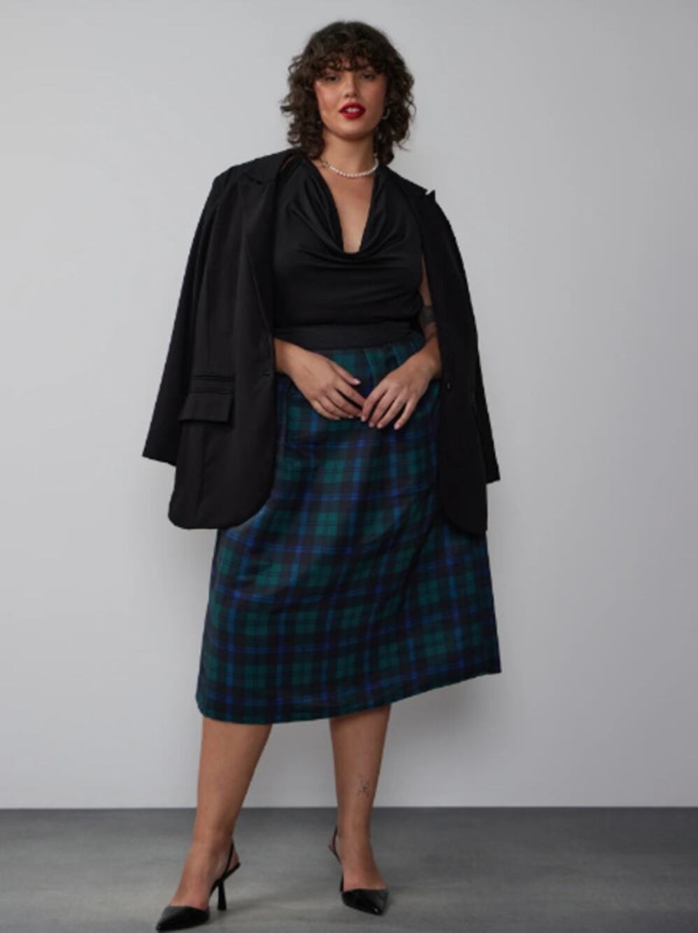 New York & Company Black Watch Tartan Plaid Midi Skirt Academia Holiday Glam